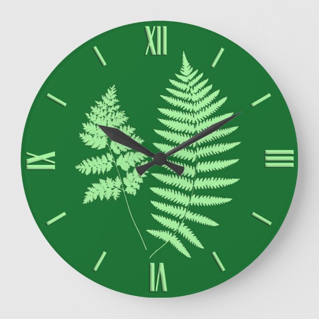 Woodland Fern Pattern, Emerald and Light Green Lar Large Clock (Front)
