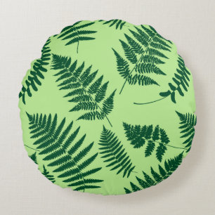 Woodland Fern Pattern, Emerald and Light Green Round Cushion