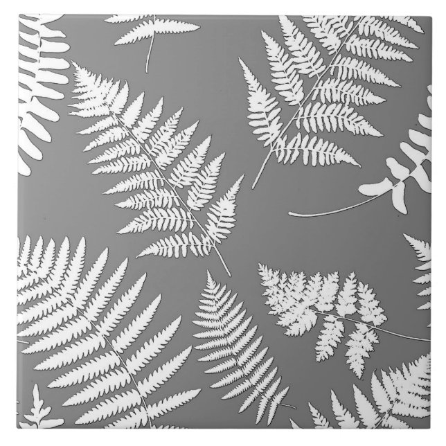 Woodland Fern Pattern, Grey / Grey and White   Ceramic Tile (Front)