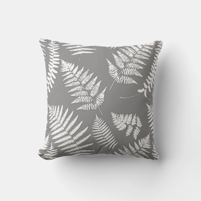 Woodland Fern Pattern, Grey / Grey and White Cushion (Front)