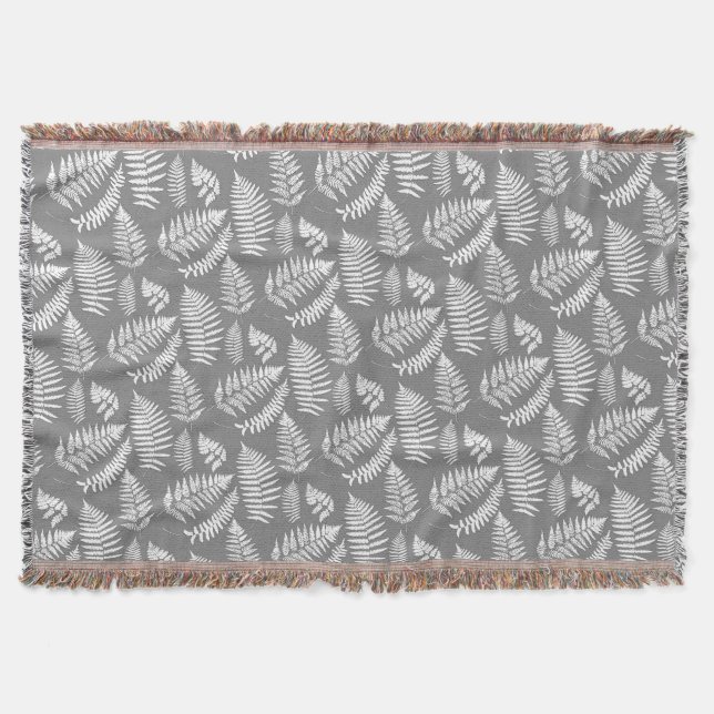 Woodland Fern Pattern, Grey / Grey and White Throw Blanket (Front)