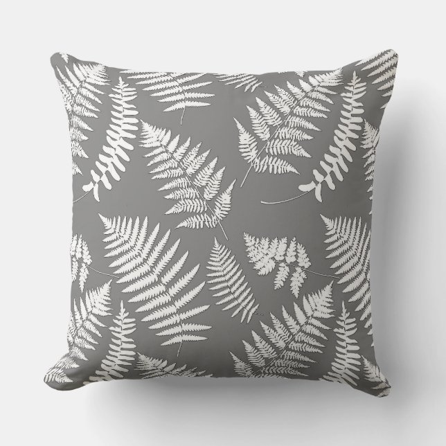 Woodland Fern Pattern, Grey / Grey and White Throw Cushion (Front)