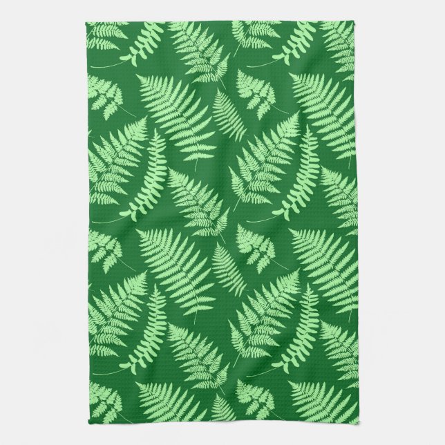 Woodland Fern Pattern, Light and Dark Green Tea Towel (Vertical)