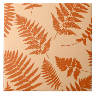 Woodland Fern Pattern, Pastel and Mandarin Orange Ceramic Tile