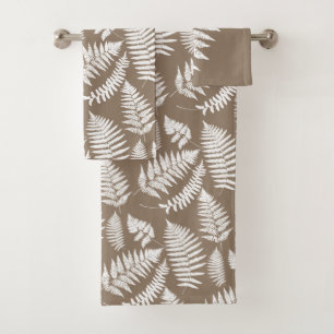 Woodland Fern Pattern, Taupe Tan and White Bath Towel Set