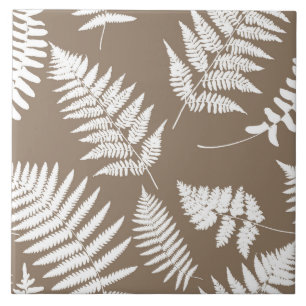 Woodland Fern Pattern, Taupe Tan and White Ceramic Tile
