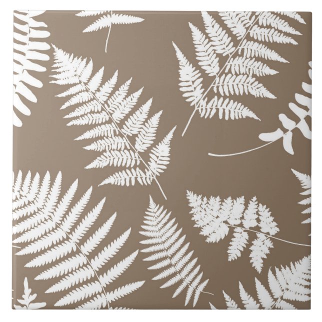 Woodland Fern Pattern, Taupe Tan and White Ceramic Tile (Front)