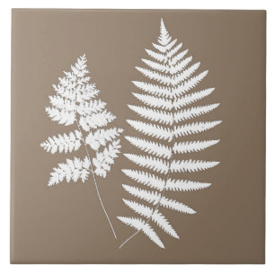 Woodland Fern Pattern, Taupe Tan and White Ceramic Tile