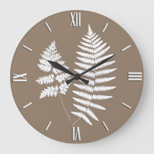 Woodland Fern Pattern, Taupe Tan and White Large Clock