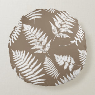 Woodland Fern Pattern, Taupe Tan and White Round Cushion