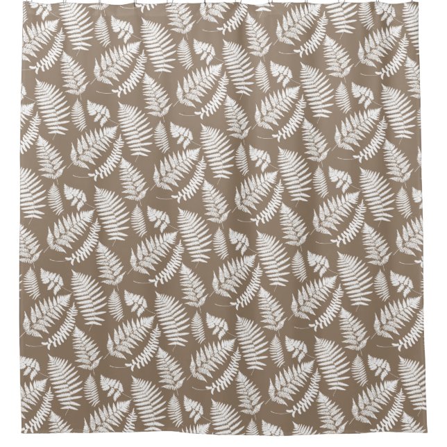 Woodland Fern Pattern, Taupe Tan and White Shower Curtain (Front)