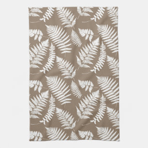 Woodland Fern Pattern, Taupe Tan and White Tea Towel