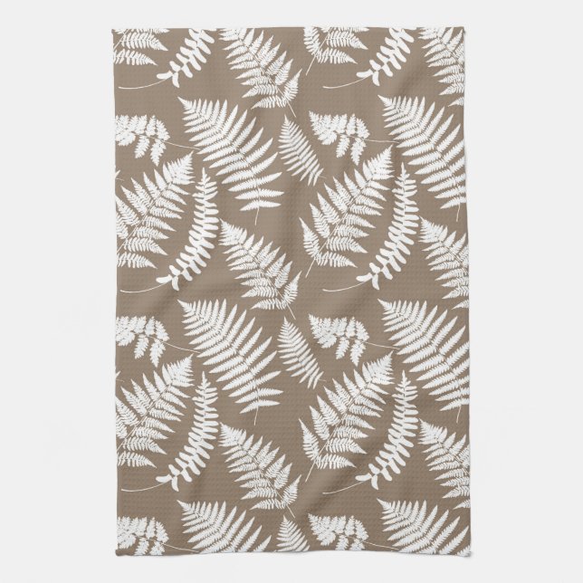 Woodland Fern Pattern, Taupe Tan and White Tea Towel (Vertical)
