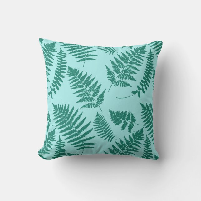 Woodland Fern Pattern, Turquoise and Aqua Outdoor Cushion (Front)