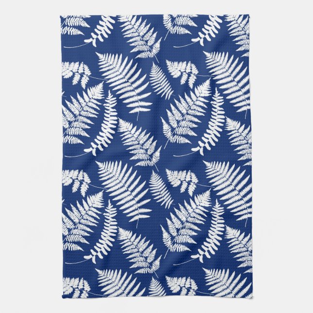  Woodland Fern Pattern, White on Cobalt Blue  Tea Towel (Vertical)