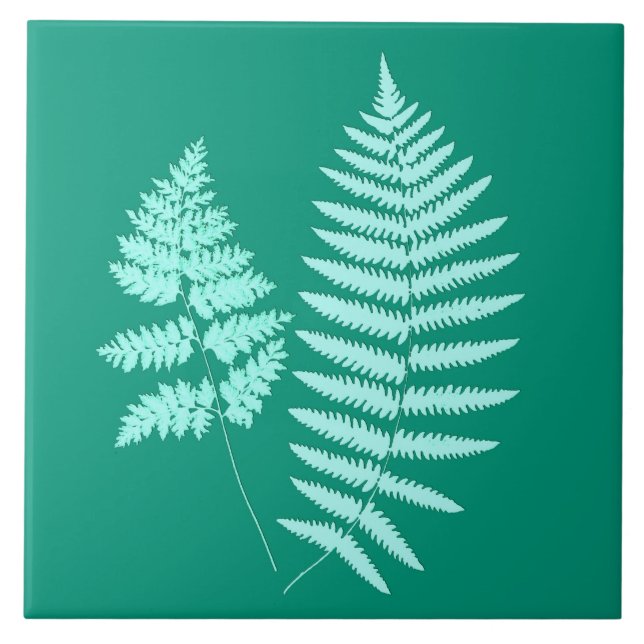Woodland Fern, Turquoise and Aqua Ceramic Tile (Front)