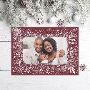 Woodland Ferns Pine Cone Burgundy Holiday Card