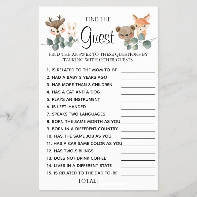 Woodland Find the Guest Baby Shower game card (Front)