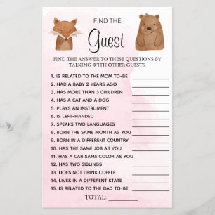 Woodland Find the Guest Baby Shower game card