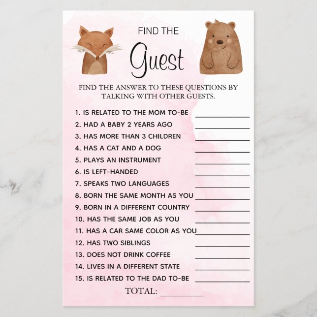 Woodland Find the Guest Baby Shower game card (Front)