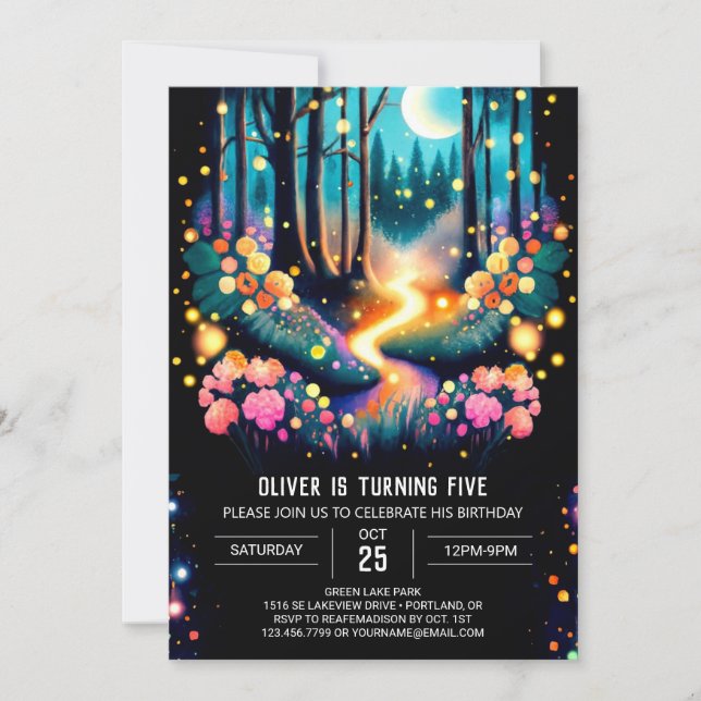 Woodland Fireflies Kids Birthday Invitation (Front)