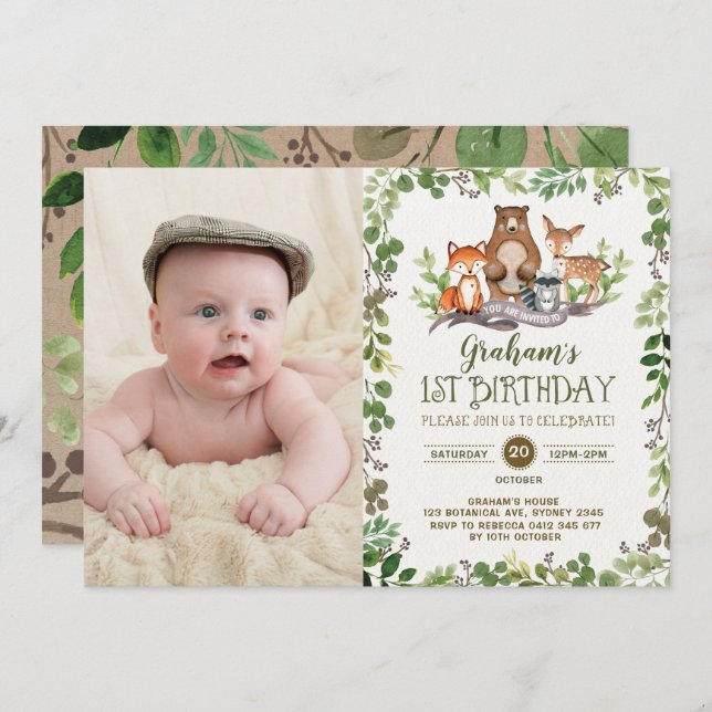 Woodland First 1st Birthday Party Forest Animals Invitation (Front/Back)