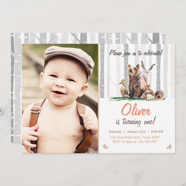 Woodland First Birthday Invitation Forest animals (Front/Back)