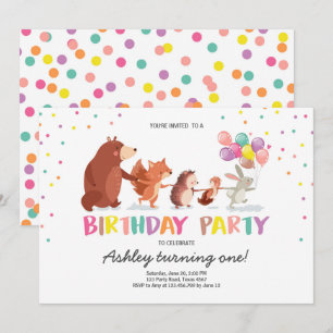Woodland First Birthday Invitation Forest Animals