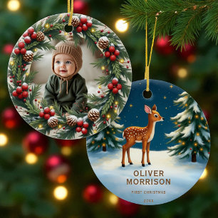 Woodland First Christmas Baby Deer Personalised  Ceramic Ornament