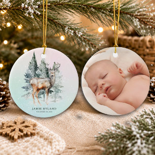 Woodland First Christmas Photo And Birth Date Ceramic Ornament