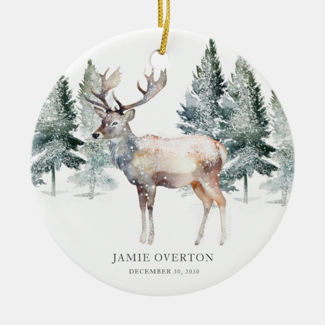 Woodland first Christmas With Baby Photo Ceramic Ornament (Front)