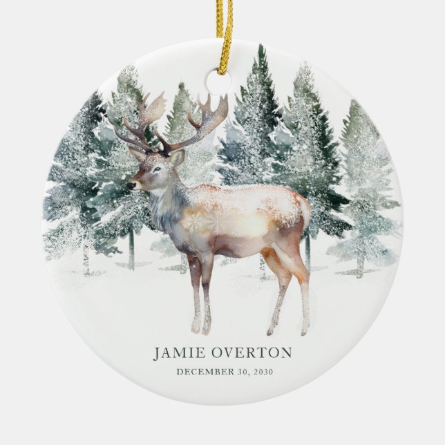 Woodland first Christmas With Baby Photo Ceramic Ornament (Front)