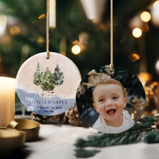 Woodland First Christmas with Birth Photo  Ceramic Ornament