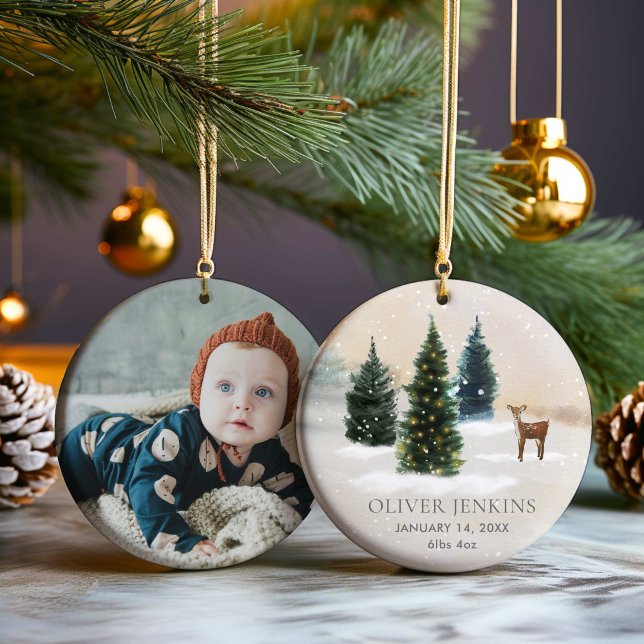 Woodland First Christmas with Birth Stats Photo  Ceramic Ornament (Woodland Personalized First Christmas Ornament)