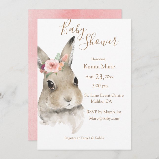 Woodland Floral Bunny Watercolor Script Baby Invitation (Front/Back)