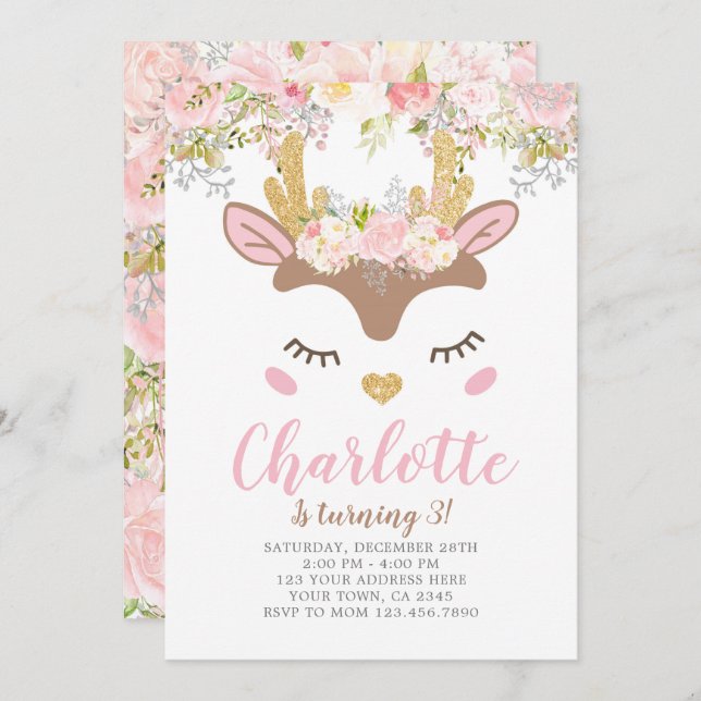 Woodland, Floral Deer Birthday Invitation (Front/Back)