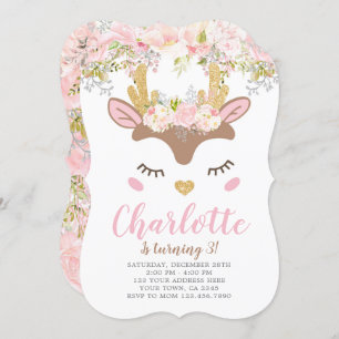 Woodland, Floral Deer Birthday Invitation