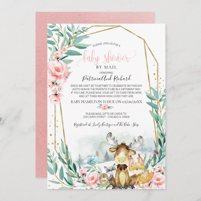 Woodland Floral Greenery Baby Shower By Mail Invitation (Front/Back)