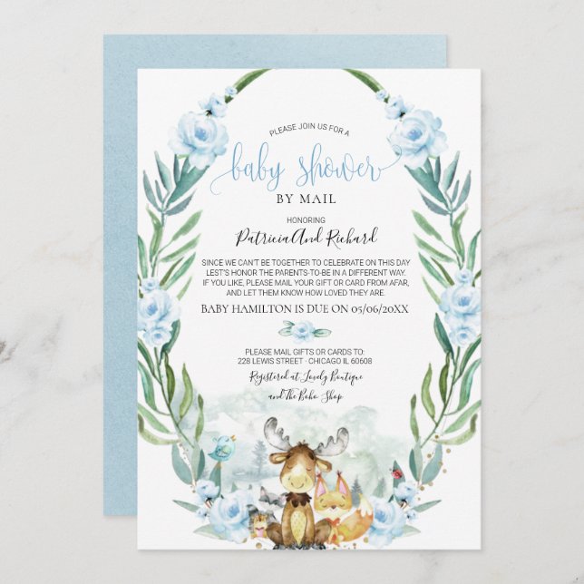 Woodland Floral Greenery Baby Shower By Mail Invitation (Front/Back)