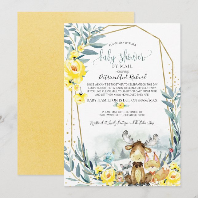 Woodland Floral Greenery Baby Shower By Mail Invitation (Front/Back)