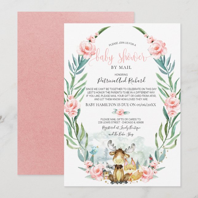 Woodland Floral Greenery Baby Shower By Mail Invitation (Front/Back)