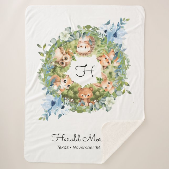 Woodland Floral Watercolor Baby Boy Sherpa Blanket (Front)