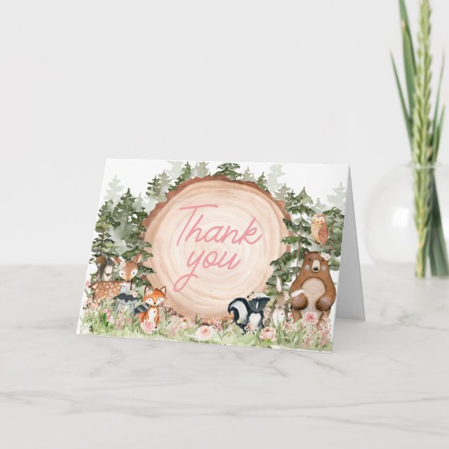 Woodland Floral Wood Slice Baby Shower Thank You Card (Front)
