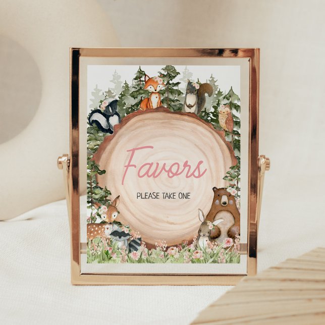 Woodland Floral Wood Slice Favours Poster (Floral Woodland Animals Baby Shower Favors Sign)
