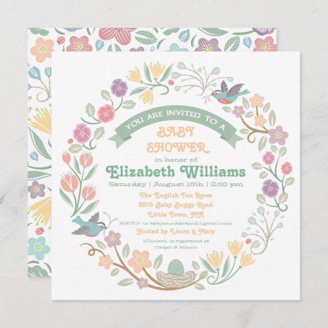 Woodland Floral Wreath Baby Shower Invitation (Front/Back)