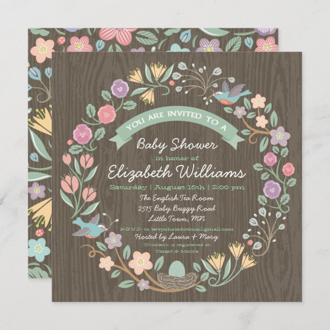 Woodland Floral Wreath Baby Shower Invitation II (Front/Back)