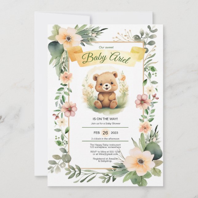 Woodland flowers cute bear baby shower invitation (Front)