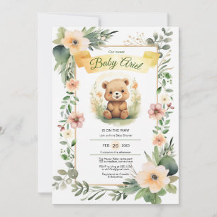 Woodland flowers cute bear baby shower invitation