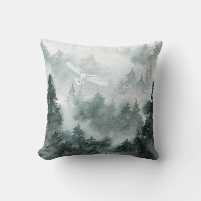 Woodland Foggy Mountain Forest Circling White Owl Cushion (Front)