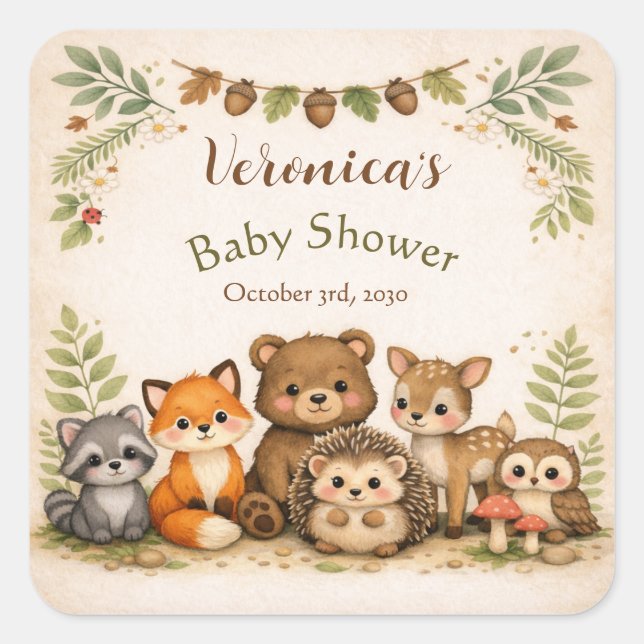 Woodland Forest Animal Baby Shower Square Sticker (Front)